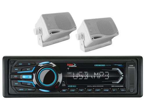 2 white 3.5&#034; box marine speakers &amp; boss am fm ipod bluetooth sd usb receiver