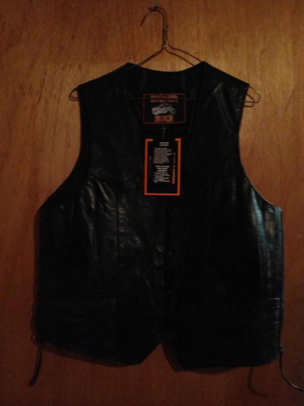 Men's silver bike genuine leather black riding vest large nwt