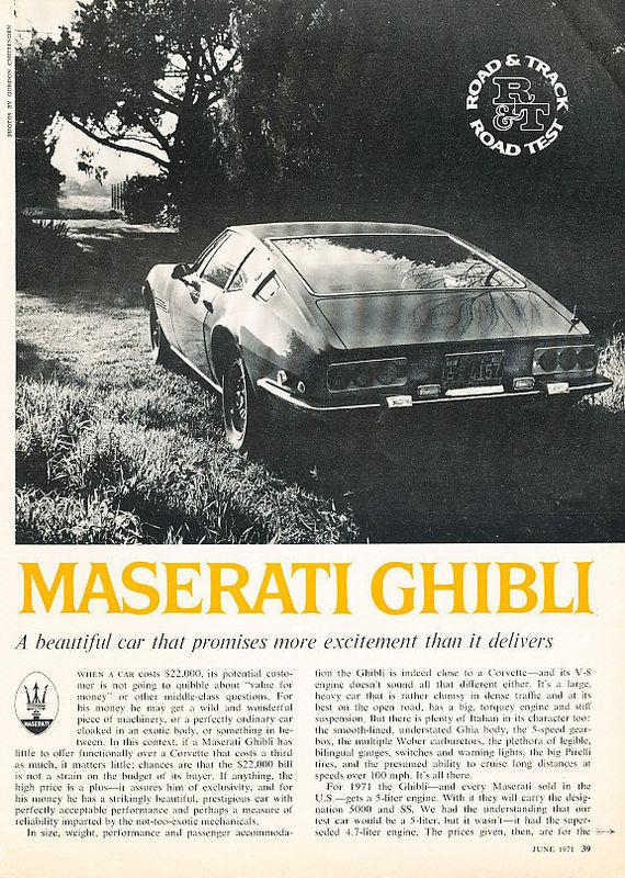 1971 maserati ghibli vintage classic original print article - g11