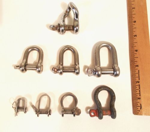 Seven &#039;d&#039; &amp; one bow sailboat rigging shackles, 7 stainless steel &amp; 1 galvanized