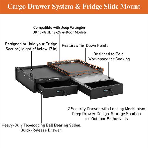 Cargo drawer storage box &amp; fridge slide mount for jeep wrangler jk jl 15-24 4dr