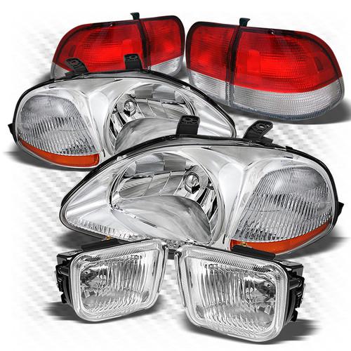 96-98 civic 4dr chrome headlights + red clear tail lights + clear fog lights set