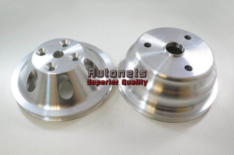 Satin aluminum small block chevy long water pump pulley set 1 groove hot rod