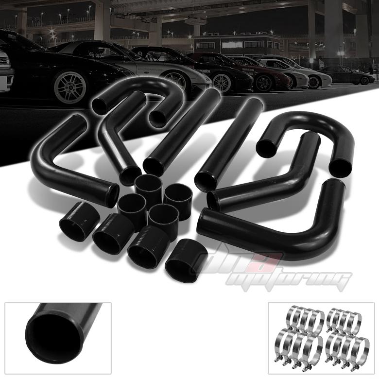 2.75"turbo front/side mount intercooler black diy 8pc aluminum piping+hose+clamp