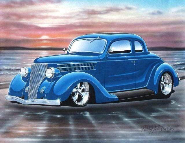 1936 ford 5 window coupe streetrod car automotive art print blue