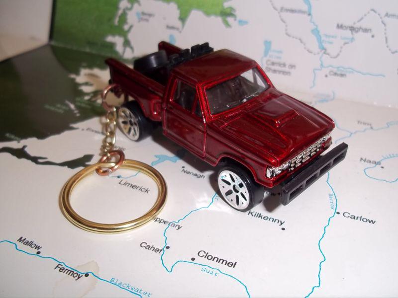 Custom mint keychain 1980's ford stepside 4x4 truck ,red wchrome mags