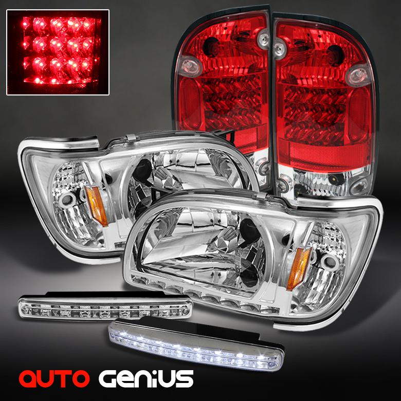 01-04 tacoma chrome 1pc headlights w/led + red clear led tail lights + drl led