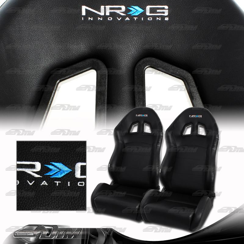 1x pair universal nrg black pvc faux leather reclinable racing seats w/ sliders