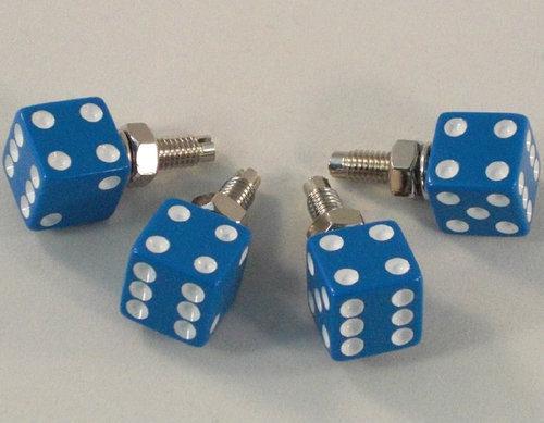 4 real dice "blue" license plate frame bolts - motorcycle custom tag fastener