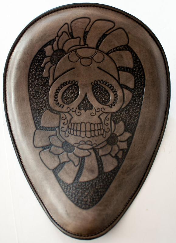 Sugar skull leather hand tooled custom harley wcc chopper bobber solo seat xs cb