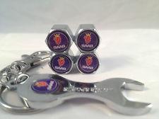 Tire valve caps with mini wrench & keychain for saab (4-piece pack)