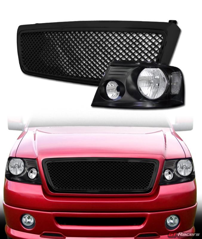 Blk sport head lights signal dy+honeycomb mesh hood grill grille 04-08 ford f150