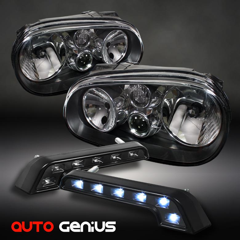 99-06 golf/gti mk4 black crystal headlights + daytime running lights upgrade kit