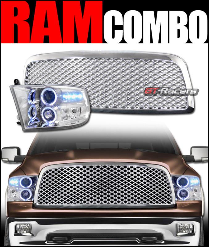 Blk halo drl led projector headlight signal+mesh grill grille 2009-2012 ram 1500