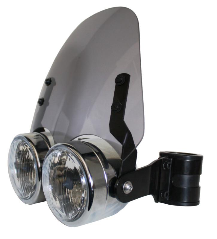 Chrome dual 4.5in headlite w 44 - 46mm brackets & lite smoked shield motorcycle