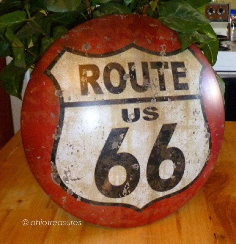 Route 66 metal garage sign hubcap shape highway road street car auto