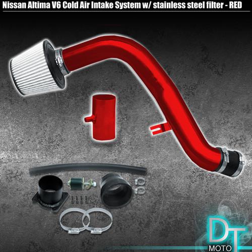 Stainless washable cone filter + cold air intake 02-06 altima v6 red aluminum