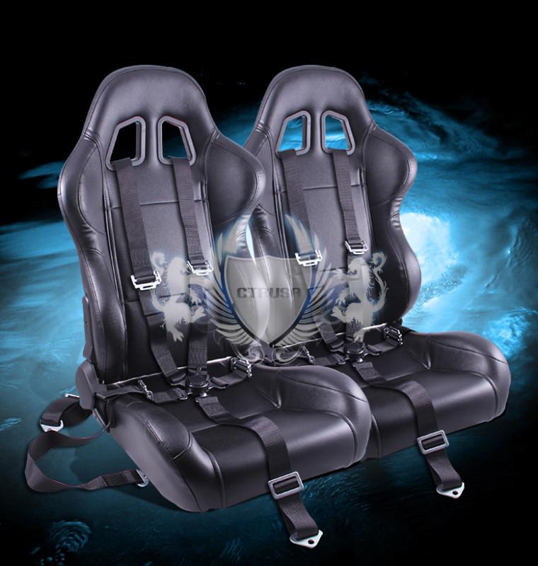 2x jdm reclinable black turino sport racing bucket seat+5-pt safety camlock belt