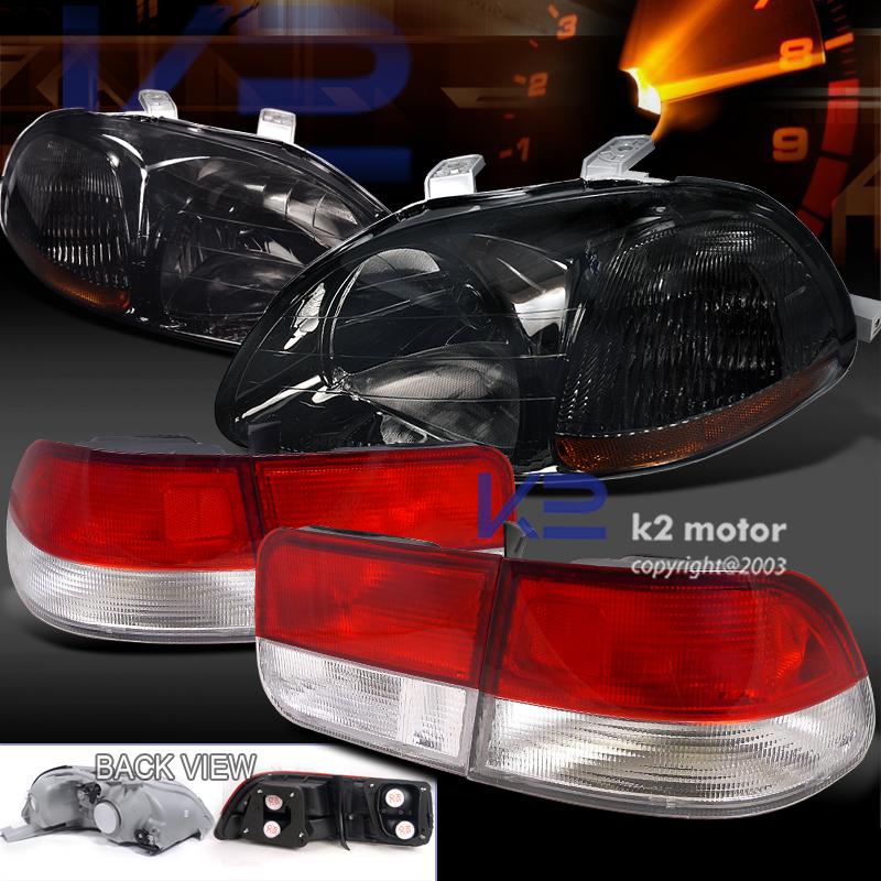 96-98 civic coupe 2dr diamond smoke headlights+ red/clear tail lamps