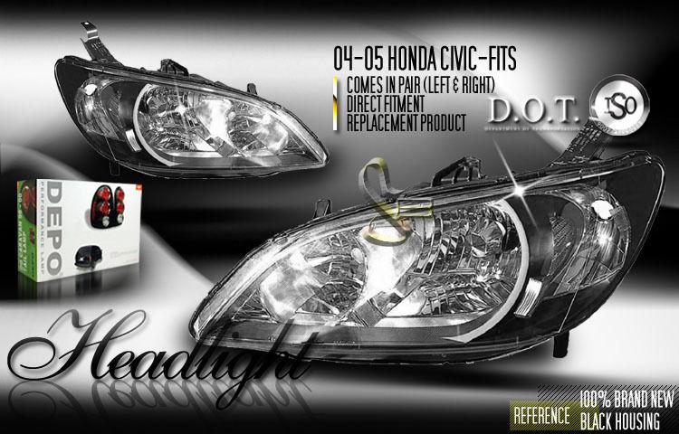 Depo pair euro black headlights head lamps 04-05 honda civic 2/4dr coupe/sedan