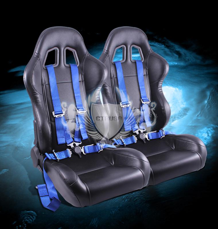 2x universal blk turino type-r racing seats+4-pt blue camlock harness seat belt