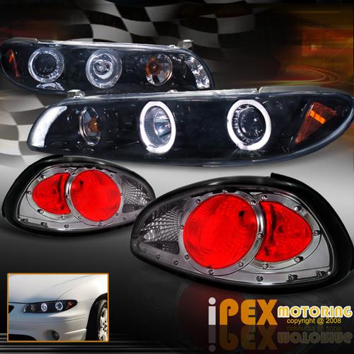 Glossy black grand prix projector headlights w/halo rims+smoke depo tail lights