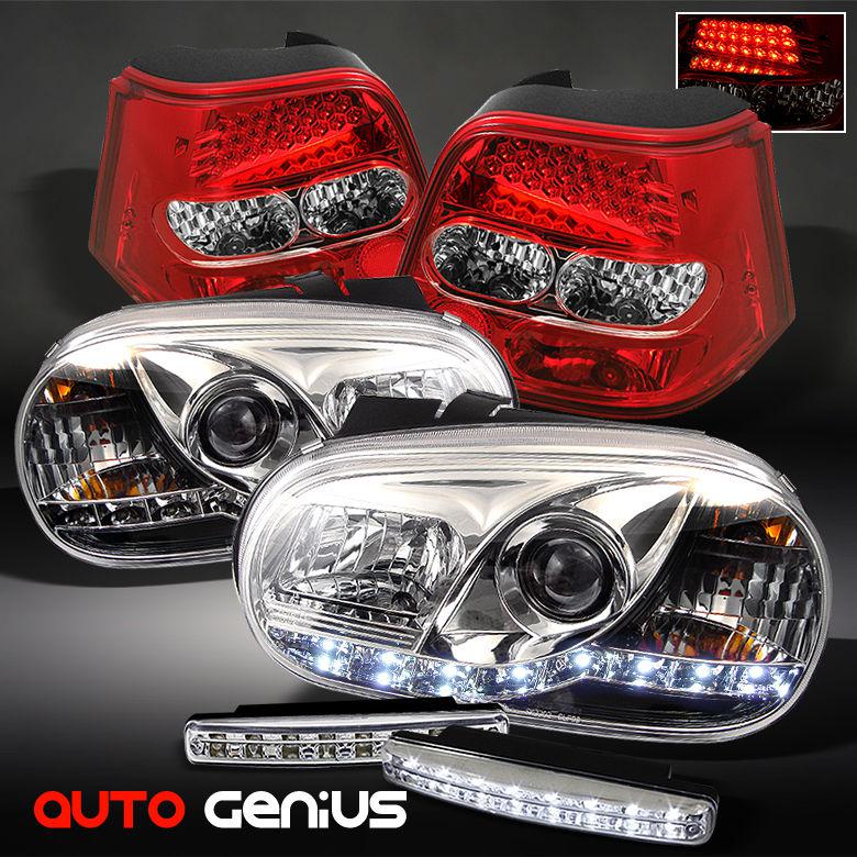 99-06 golf drl projector headlights + red clear led tail lights + daytime led