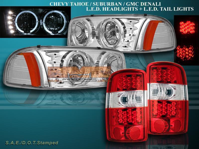 00-06 gmc yukon chrome headlights 2 halo w/ led red/clear tail lights yukon xl