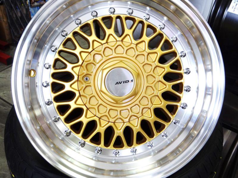 Jdm gold avid1 av-05 15x8 +25 offset 4x100 w/ tires free colored lugs ef eg ek 