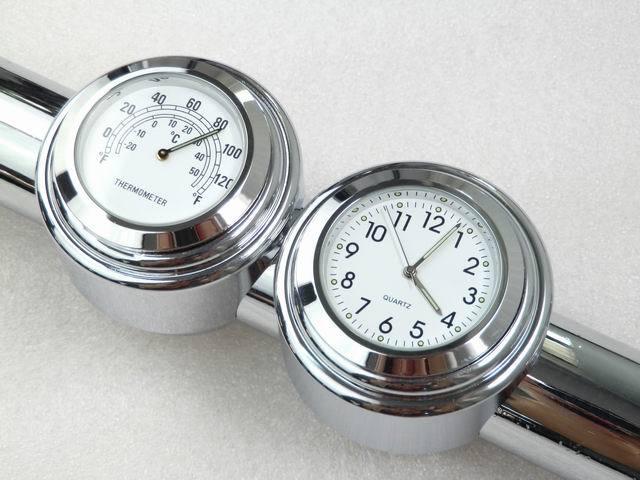 White 7/8"- 1 " motorcycle handlebar clock top mount w/ temp for honda cruiser 