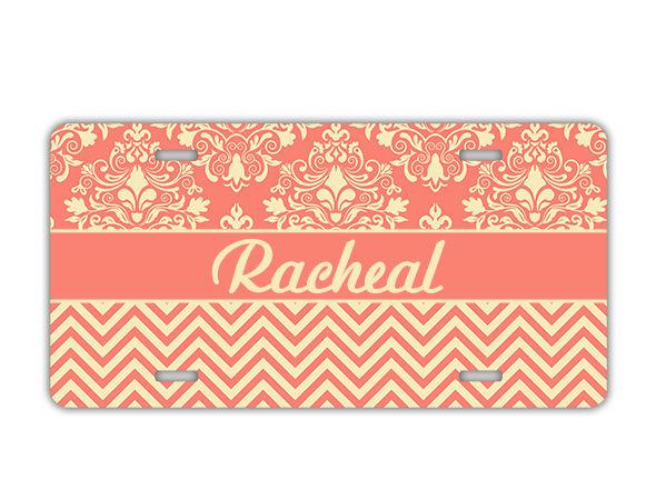 Chevron monogrammed license plate - coral damask monogram name car tag (1031)