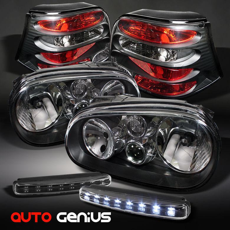 99-06 golf/gti black headlights + tail lights + led daytime running lights combo