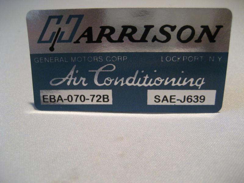 Corvette harrison air conditioning heat exchanger decal, 1972