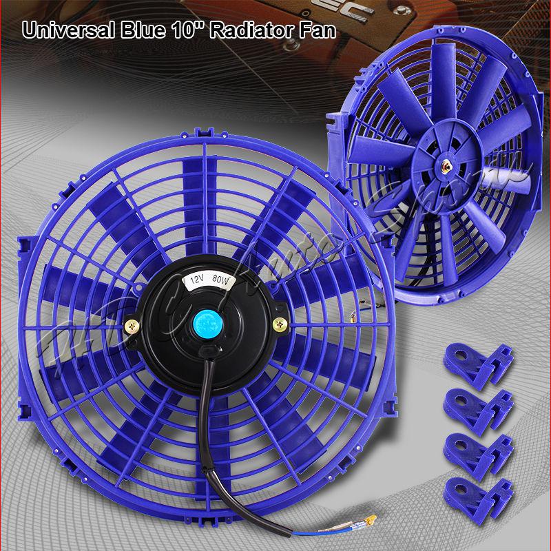 Universal 10" blue push/pull thin 12v electric radiator cool fan+mounting clips