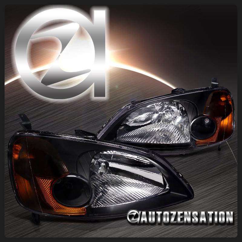 01-03 honda civic 2dr 4dr jdm black crystal headlights right+left