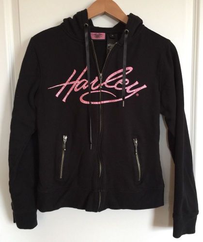 Women&#039;s harley davidson label hooded zip up sweatshirt black pink size medium