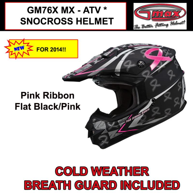 Gmax gm76x 2014 mx atv snocross helmet pink ribbon (s,m,l,xl) nib