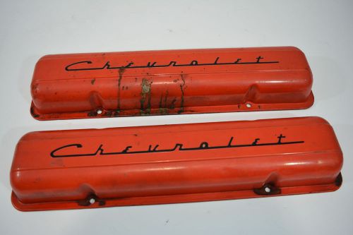 Vintage chevrolet small block engine valve covers 2 orange staggered bolt