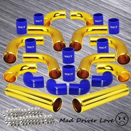 Gold 2.5&#034; universal aluminum turbo intercooler pipe piping kit blue coupler diy