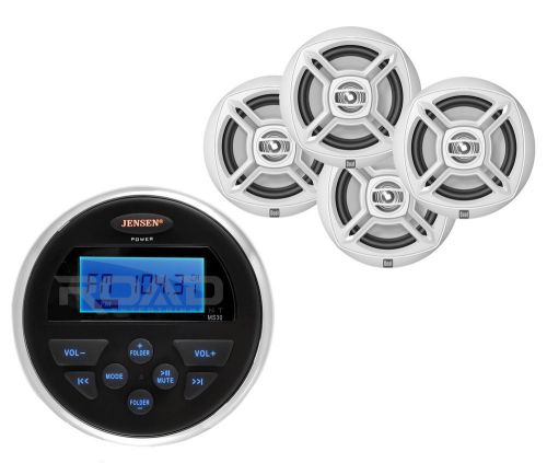 Jensen marine aux boat usb am fm radio,4 white dual 6.5&#034; marine boat speaker set