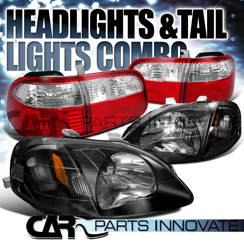 99-00 civic 4dr sedan diamond black headlights+red/clear tail brake lamps