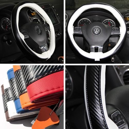 14-15" 47024 white leather wrap car steering wheel cover carbon fiber style suv