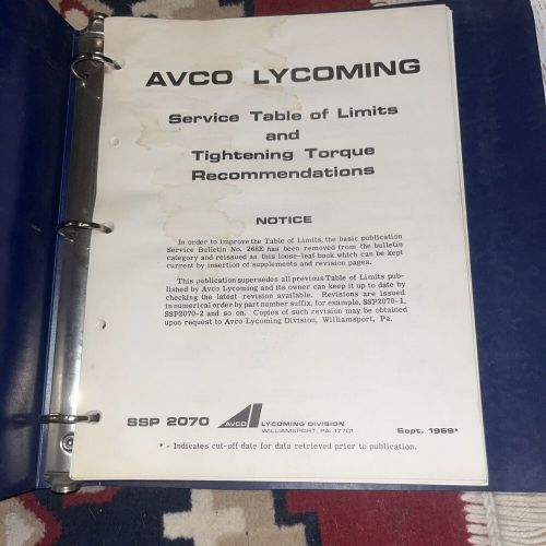 Avco lycoming service table of limits &amp; tightening torque recommendations 1969