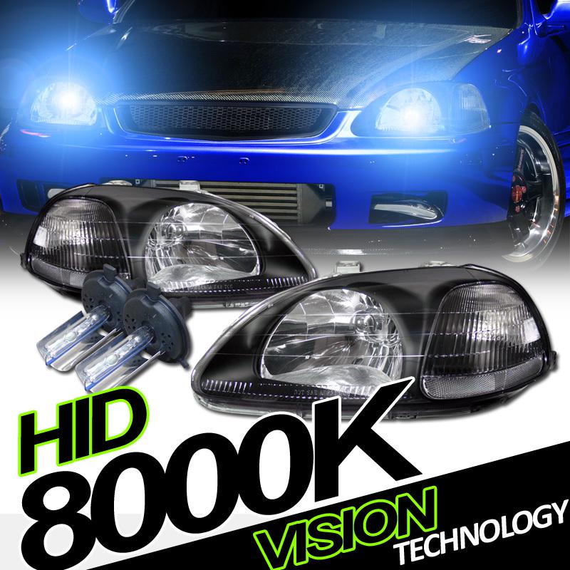 H4 bulb high/low beam 8000k xenon hid kit+jdm blk type-r headlights 96-98 civic