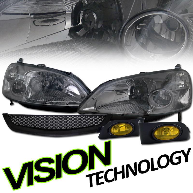 01-03 civic 2dr/4dr smoke tint lens head lights+yellow fog lamps+blk front grill