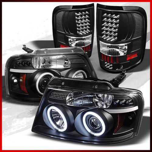 04-08 f150 black dual ccfl halo led projector headlights+black led tail lights