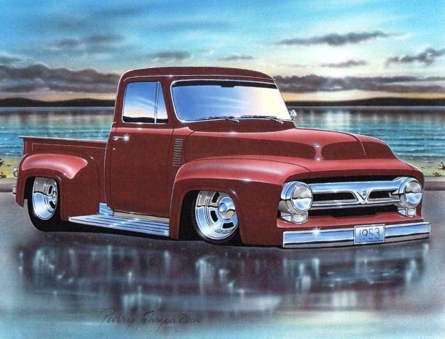 1953 ford f100 pickup hot rod truck automotive art print maroon