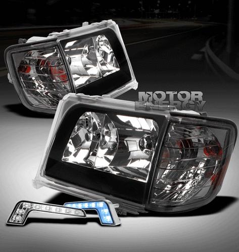 1985-1995 mercedes w124 e-class crystal black head light+corner+blue led drl kit