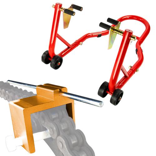 Front motorcycle paddock stand swingarm wheel lift forklift chain alignment tool