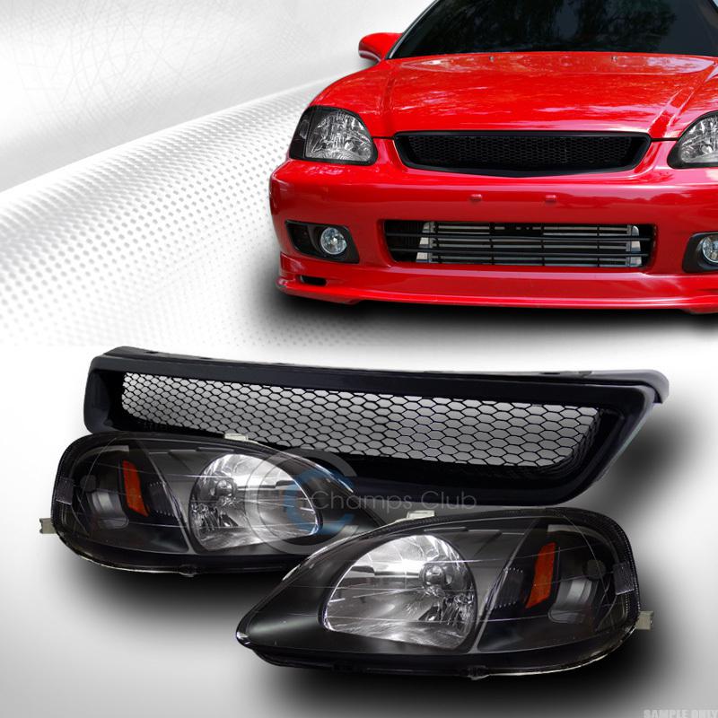 Black head lights signal lamps amber dy+aluminum mesh grille 99-00 civic ek ek9